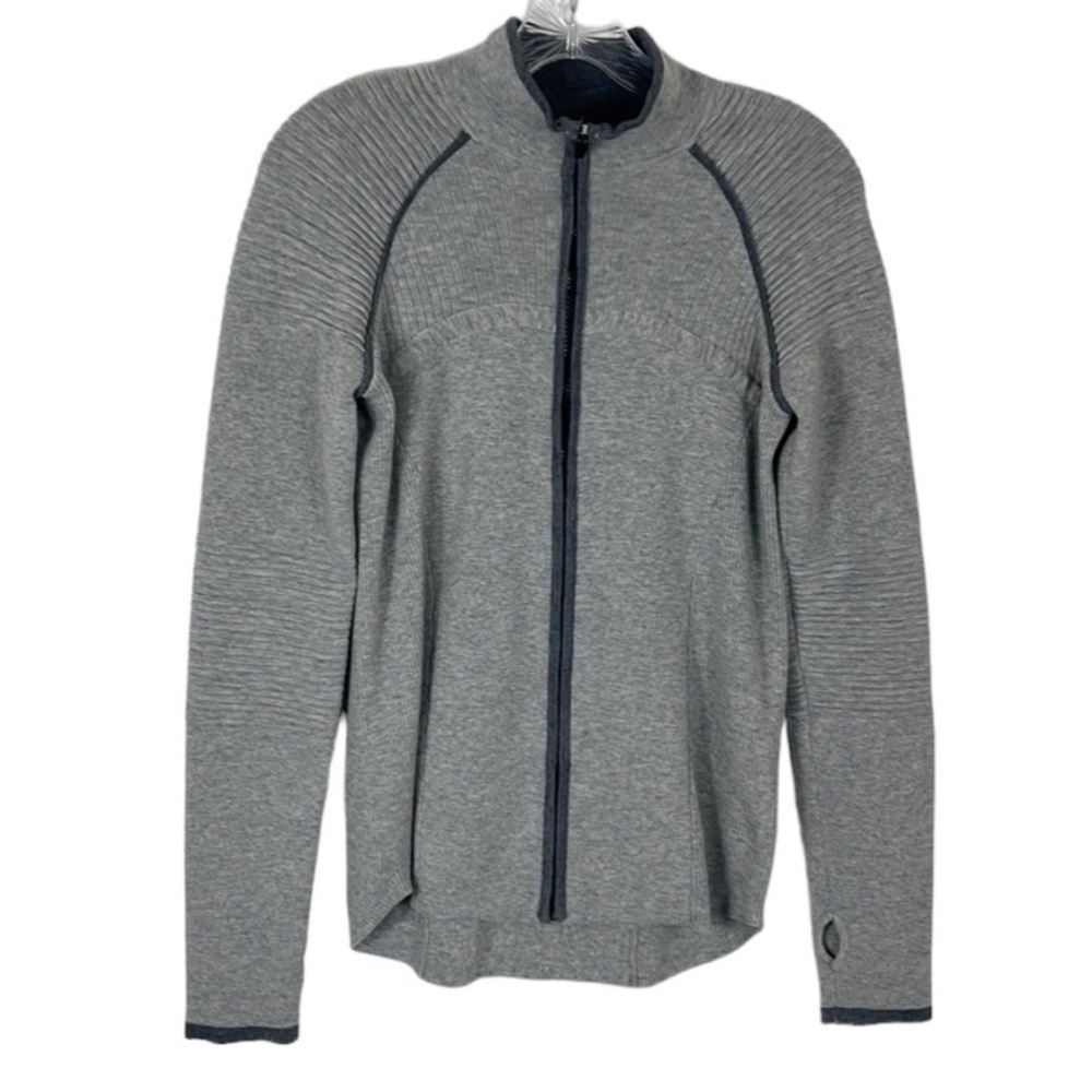 Title Nine Wool Contrast Knit Jacket Women‎ S Gray Zip Thumbholes Pocket Golf